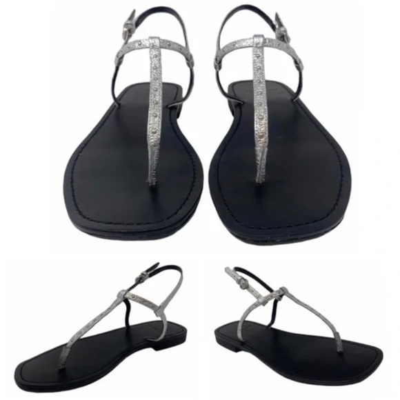NWT Marc Fisher Studded Metallic Silver Leather Thong Ankle Strap Sandal - Picture 2 of 12